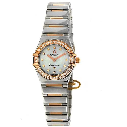 The image shows a front view of the Omega 13687100 OR 1368.   71.   00 Women's Rose Gold Mother of Pearl Dial 13687100 OR 1368.   71.   00 Women's Rose Gold Mother of Pearl Dial Steel 18k Rose Gold Diamond My Choice Watch 13687100 model, highlighting its dial and bracelet.