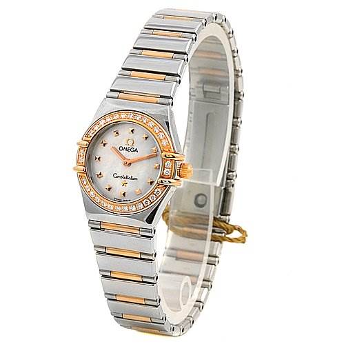 The Omega 13687100 OR 1368.   71.   00 Women's Rose Gold Mother of Pearl Dial 13687100 OR 1368.   71.   00 Women's Rose Gold Mother of Pearl Dial Steel 18k Rose Gold Diamond My Choice Watch 13687100 is shown at an angled view, highlighting the face, bezel, and bracelet.