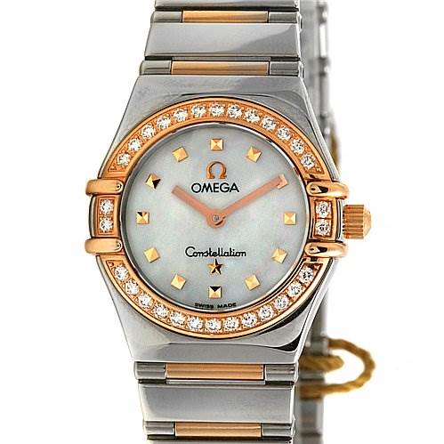 The image shows a front view of the Omega 13687100 OR 1368.   71.   00 Women's Rose Gold Mother of Pearl Dial 13687100 OR 1368.   71.   00 Women's Rose Gold Mother of Pearl Dial Steel 18k Rose Gold Diamond My Choice Watch 13687100, highlighting the face, bezel, and band.
