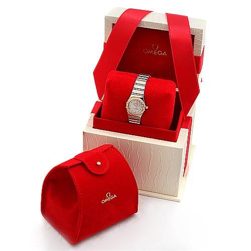 The image shows an Omega 13687100 OR 1368.   71.   00 Women's Rose Gold Mother of Pearl Dial 13687100 OR 1368.   71.   00 Women's Rose Gold Mother of Pearl Dial Steel 18k Rose Gold Diamond My Choice Watch 13687100 model in its box with packaging and a travel case.