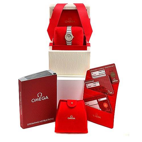 The image shows an Omega 13687100 OR 1368.   71.   00 Women's Rose Gold Mother of Pearl Dial 13687100 OR 1368.   71.   00 Women's Rose Gold Mother of Pearl Dial Steel 18k Rose Gold Diamond My Choice Watch 13687100 model with its box, warranty cards, and manuals.