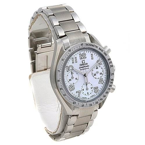 The Omega 35347000 OR 3534.   70.   00 Women
s Stainless Steel Mother of Pearl Dial 35347000 OR 3534.   70.   00 Women
s Stainless Steel Mother of Pearl Dial Speedmaster Chrono Ladies Watch 35347000 is shown at an angle revealing its face, bezel, and stainless steel bracelet.