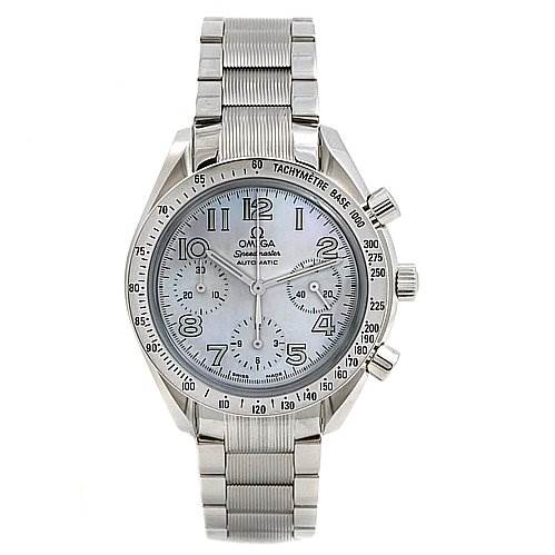 The image displays a front view of the Omega 35347000 OR 3534.   70.   00 Women
s Stainless Steel Mother of Pearl Dial 35347000 OR 3534.   70.   00 Women
s Stainless Steel Mother of Pearl Dial Speedmaster Chrono Ladies Watch 35347000, showing the dial, bracelet, and side buttons.