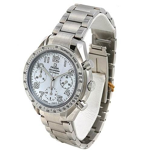 The image shows a front-side angle view of an Omega 35347000 OR 3534.   70.   00 Women
s Stainless Steel Mother of Pearl Dial 35347000 OR 3534.   70.   00 Women
s Stainless Steel Mother of Pearl Dial Speedmaster Chrono Ladies Watch 35347000, highlighting the face, bezel, and bracelet.