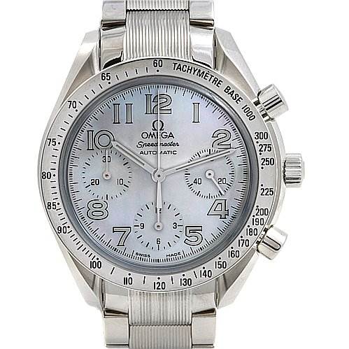 This image shows a frontal view of the Omega 35347000 OR 3534.   70.   00 Women
s Stainless Steel Mother of Pearl Dial 35347000 OR 3534.   70.   00 Women
s Stainless Steel Mother of Pearl Dial Speedmaster Chrono Ladies Watch 35347000, displaying the face, bezel, and bracelet.