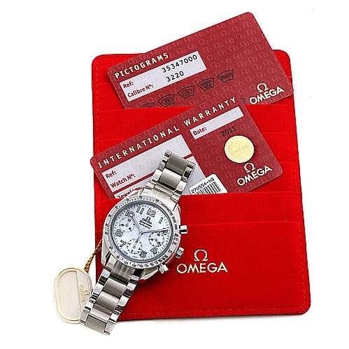 This image showcases the Omega 35347000 OR 3534.   70.   00 Women
s Stainless Steel Mother of Pearl Dial 35347000 OR 3534.   70.   00 Women
s Stainless Steel Mother of Pearl Dial Speedmaster Chrono Ladies Watch 35347000, along with two warranty and pictogram cards placed against a red Omega 35347000 OR 3534.   70.   00 Women
s Stainless Steel Mother of Pearl Dial 35347000 OR 3534.   70.   00 Women
s Stainless Steel Mother of Pearl Dial booklet.