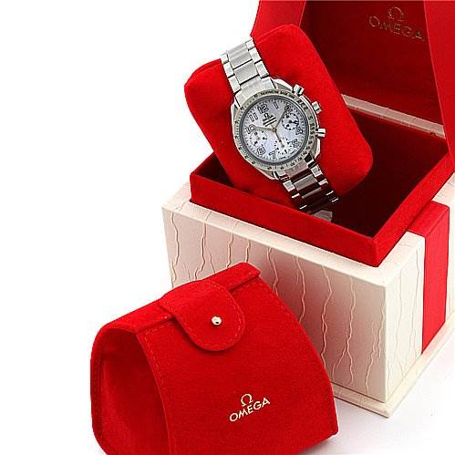 The image shows an Omega 35347000 OR 3534.   70.   00 Women
s Stainless Steel Mother of Pearl Dial 35347000 OR 3534.   70.   00 Women
s Stainless Steel Mother of Pearl Dial Speedmaster Chrono Ladies Watch 35347000 positioned on a red cushion in an open case, with the metal bracelet visible.