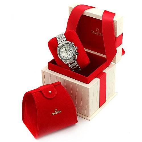 The image shows the Omega 35347000 OR 3534.   70.   00 Women
s Stainless Steel Mother of Pearl Dial 35347000 OR 3534.   70.   00 Women
s Stainless Steel Mother of Pearl Dial Speedmaster Chrono Ladies Watch 35347000 displayed in its open red and white box with additional red velvet accessories.