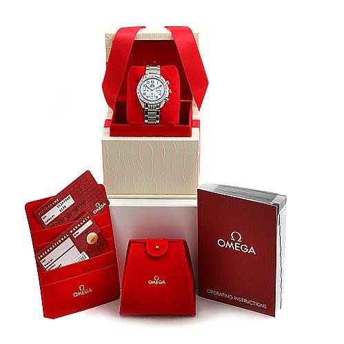 The Omega 35347000 OR 3534.   70.   00 Women
s Stainless Steel Mother of Pearl Dial 35347000 OR 3534.   70.   00 Women
s Stainless Steel Mother of Pearl Dial Speedmaster Chrono Ladies Watch 35347000 is shown in its box alongside a booklet, a card holder, and a small pouch, with a straight view of the watch face.