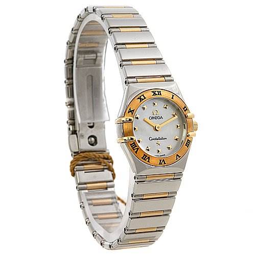 This image shows the Omega 13617100 OR 1361.   71.   00 Women's Yellow Gold Mother of Pearl Dial 13617100 OR 1361.   71.   00 Women's Yellow Gold Mother of Pearl Dial Constellation My Choice Mini 13617100 Watch at a slight right-side angle, displaying the face, bezel, and bracelet.