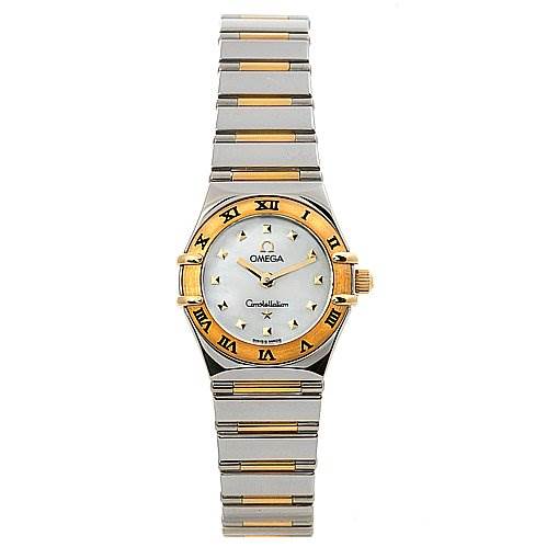 The image shows a front view of the Omega 13617100 OR 1361.   71.   00 Women's Yellow Gold Mother of Pearl Dial 13617100 OR 1361.   71.   00 Women's Yellow Gold Mother of Pearl Dial Constellation My Choice Mini 13617100 watch, displaying its face, bezel, and bracelet.
