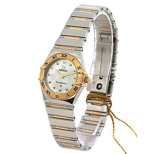 The image shows an angled view of the Omega 13617100 OR 1361.   71.   00 Women's Yellow Gold Mother of Pearl Dial 13617100 OR 1361.   71.   00 Women's Yellow Gold Mother of Pearl Dial Constellation My Choice Mini 13617100 Watch with a focus on its face, bezel, and bracelet.