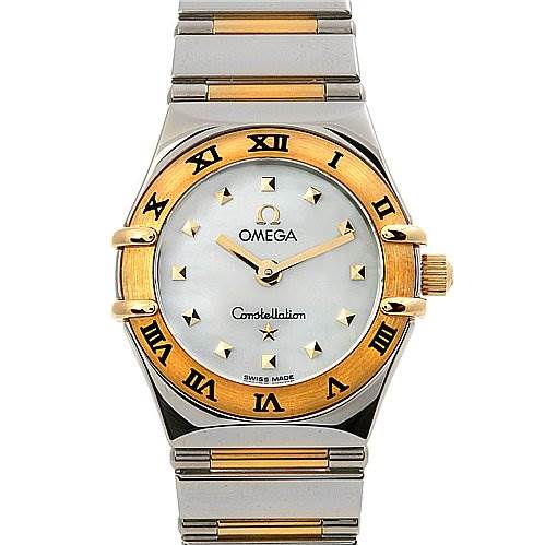The image shows a frontal view of the Omega 13617100 OR 1361.   71.   00 Women's Yellow Gold Mother of Pearl Dial 13617100 OR 1361.   71.   00 Women's Yellow Gold Mother of Pearl Dial Constellation My Choice Mini 13617100 watch, highlighting its band, bezel, dial, and hands.