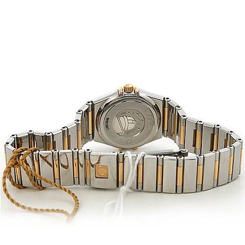 The image shows the back view of an Omega 13617100 OR 1361.   71.   00 Women's Yellow Gold Mother of Pearl Dial 13617100 OR 1361.   71.   00 Women's Yellow Gold Mother of Pearl Dial Constellation My Choice Mini 13617100 watch, with focus on the case back and two-tone bracelet.