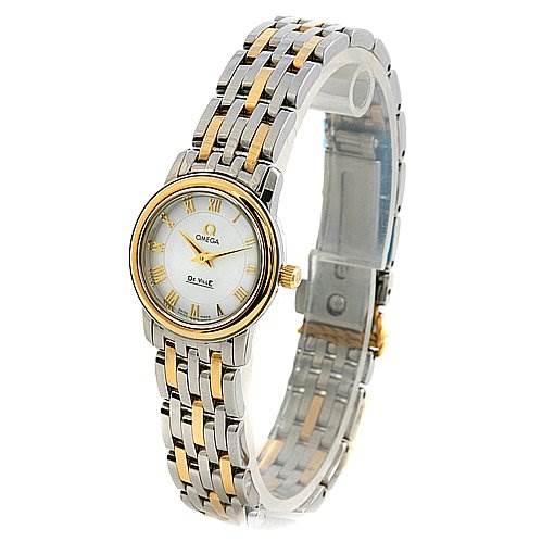 The image shows an Omega 43707100 Women
s Yellow Gold Mother of Pearl Dial 43707100 Women
s Yellow Gold Mother of Pearl Dial De Ville Prestige New Ladies Small Watch 43707100 from a slight front angle, displaying the watch face and bracelet.