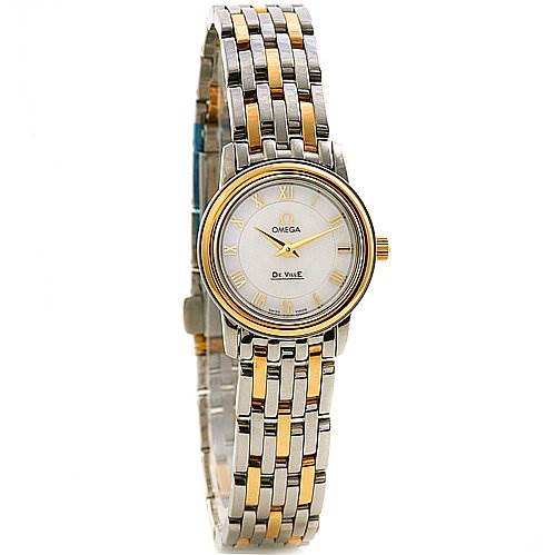 This image shows the Omega 43707100 Women
s Yellow Gold Mother of Pearl Dial 43707100 Women
s Yellow Gold Mother of Pearl Dial De Ville Prestige New Ladies Small Watch 43707100 from a front angle, displaying its face and metal bracelet.