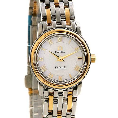 The De Ville Prestige New Ladies Small Watch 43707100 by Omega 43707100 Women
s Yellow Gold Mother of Pearl Dial 43707100 Women
s Yellow Gold Mother of Pearl Dial is shown from a front angle, displaying its face and bracelet.