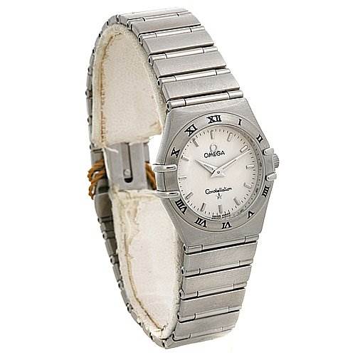 The image shows the Omega 15723000 OR 1572.   30.   00 Women's Stainless Steel Silver Dial 15723000 OR 1572.   30.   00 Women's Stainless Steel Silver Dial Constellation Small Quartz New Ladies 15723000 Watch from an oblique angle, highlighting the dial and bracelet.