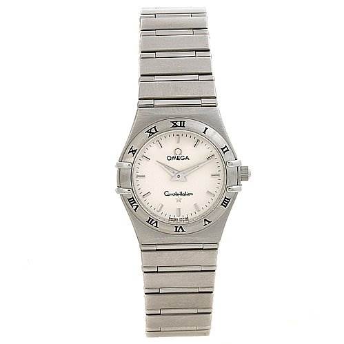 The image shows a frontal view of the Omega 15723000 OR 1572.   30.   00 Women's Stainless Steel Silver Dial 15723000 OR 1572.   30.   00 Women's Stainless Steel Silver Dial Constellation Small Quartz New Ladies 15723000 Watch, including its face and bracelet.