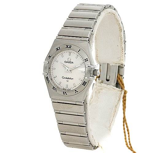 The Omega 15723000 OR 1572.   30.   00 Women's Stainless Steel Silver Dial 15723000 OR 1572.   30.   00 Women's Stainless Steel Silver Dial Constellation Small Quartz New Ladies 15723000 Watch is shown at a left-side angle, displaying the face, bezel, and stainless steel bracelet.