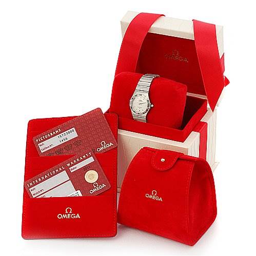 The image shows an Omega 15723000 OR 1572.   30.   00 Women's Stainless Steel Silver Dial 15723000 OR 1572.   30.   00 Women's Stainless Steel Silver Dial Constellation Small Quartz New Ladies 15723000 Watch with its packaging, warranty cards, and red pouch.