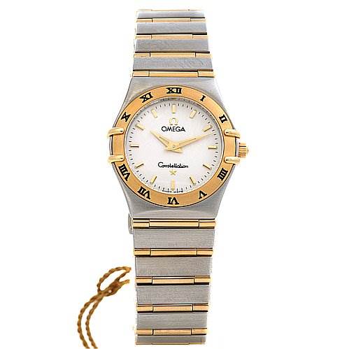 The Omega 12723000 OR 1272.   30.   00 Women's Yellow Gold White Dial 12723000 OR 1272.   30.   00 Women's Yellow Gold White Dial Constellation Small Quartz New Ladies 12723000 Watch is shown from a top-down angle, displaying its face, bezel, and bracelet.