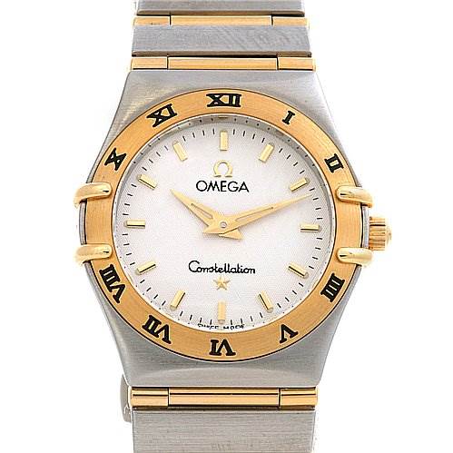 The image shows a front view of the Omega 12723000 OR 1272.   30.   00 Women's Yellow Gold White Dial 12723000 OR 1272.   30.   00 Women's Yellow Gold White Dial Constellation Small Quartz New Ladies 12723000 Watch, highlighting its face and part of the bracelet.