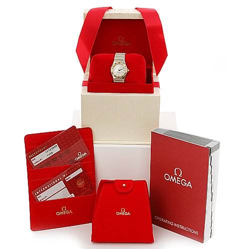 The Omega 12723000 OR 1272.   30.   00 Women's Yellow Gold White Dial 12723000 OR 1272.   30.   00 Women's Yellow Gold White Dial Constellation Small Quartz New Ladies 12723000 Watch is shown with its box, operating instructions, and warranty cards.