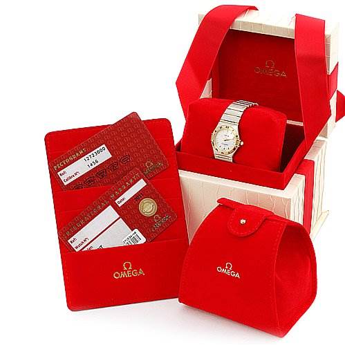 The image shows the Omega 12723000 OR 1272.   30.   00 Women's Yellow Gold White Dial 12723000 OR 1272.   30.   00 Women's Yellow Gold White Dial Constellation Small Quartz New Ladies 12723000 watch, its box, warranty cards, and a red pouch.