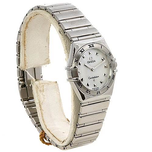 The image shows the Omega 15717100 OR 1571.   71.   00 Women
s Stainless Steel Mother of Pearl Dial 15717100 OR 1571.   71.   00 Women
s Stainless Steel Mother of Pearl Dial Constellation Small Quartz New Ladies 15717100 Watch angled to display its face, bezel, and bracelet.