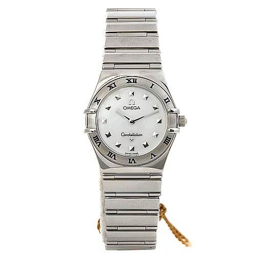 This image shows a front view of an Omega 15717100 OR 1571.   71.   00 Women
s Stainless Steel Mother of Pearl Dial 15717100 OR 1571.   71.   00 Women
s Stainless Steel Mother of Pearl Dial Constellation Small Quartz New Ladies 15717100 watch, highlighting its dial, bezel, and bracelet.