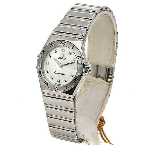 The image shows a front diagonal view of the Omega 15717100 OR 1571.   71.   00 Women
s Stainless Steel Mother of Pearl Dial 15717100 OR 1571.   71.   00 Women
s Stainless Steel Mother of Pearl Dial Constellation Small Quartz New Ladies 15717100 Watch, highlighting the face, bezel, and bracelet.