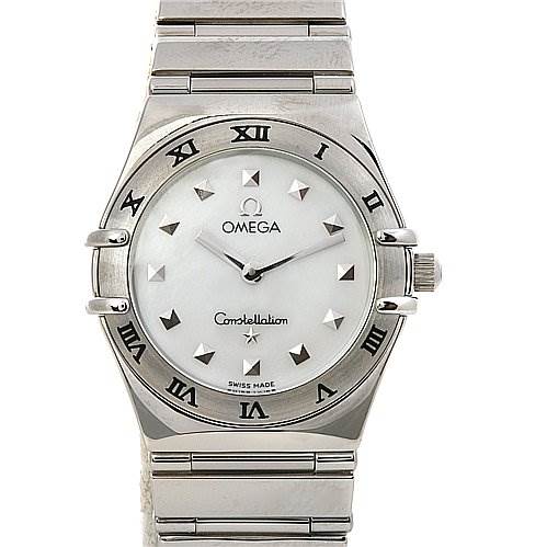 The image shows a front view of the Omega 15717100 OR 1571.   71.   00 Women
s Stainless Steel Mother of Pearl Dial 15717100 OR 1571.   71.   00 Women
s Stainless Steel Mother of Pearl Dial Constellation Small Quartz New Ladies 15717100 watch, displaying its face, bezel, and part of the bracelet.