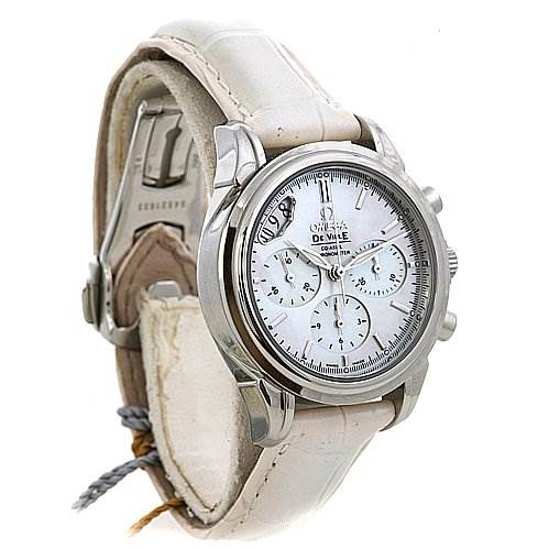 The Omega 48787036 OR 4878.   70.   36 Women
s Stainless Steel Mother of Pearl Dial 48787036 OR 4878.   70.   36 Women
s Stainless Steel Mother of Pearl Dial De Ville MOP Chrono Ladies 48787036 Watch is shown at a tilted angle, displaying the face, bezel, pushers, and part of the strap.