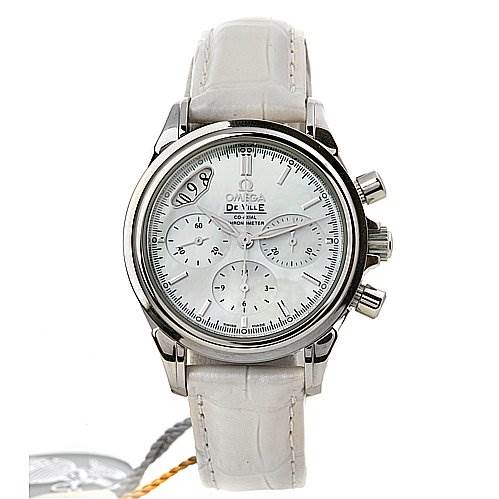 The image shows a front view of the Omega 48787036 OR 4878.   70.   36 Women
s Stainless Steel Mother of Pearl Dial 48787036 OR 4878.   70.   36 Women
s Stainless Steel Mother of Pearl Dial De Ville MOP Chrono Ladies 48787036 Watch, displaying the dial, sub-dials, and white strap.