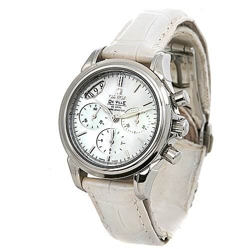 The image shows an Omega 48787036 OR 4878.   70.   36 Women
s Stainless Steel Mother of Pearl Dial 48787036 OR 4878.   70.   36 Women
s Stainless Steel Mother of Pearl Dial De Ville MOP Chrono Ladies 48787036 Watch from a front-side angle, highlighting the face, chronograph dials, and white leather strap.