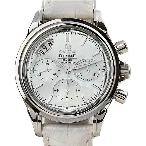 This image shows the front view of the Omega 48787036 OR 4878.   70.   36 Women
s Stainless Steel Mother of Pearl Dial 48787036 OR 4878.   70.   36 Women
s Stainless Steel Mother of Pearl Dial De Ville MOP Chrono Ladies 48787036 Watch, highlighting its dial and chronograph features.
