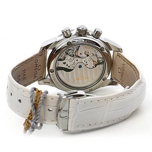 The image shows the back view of the Omega 48787036 OR 4878.   70.   36 Women
s Stainless Steel Mother of Pearl Dial 48787036 OR 4878.   70.   36 Women
s Stainless Steel Mother of Pearl Dial De Ville MOP Chrono Ladies 48787036 watch, displaying its open movement and white strap.