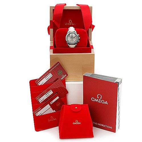 The Omega 48787036 OR 4878.   70.   36 Women
s Stainless Steel Mother of Pearl Dial 48787036 OR 4878.   70.   36 Women
s Stainless Steel Mother of Pearl Dial De Ville MOP Chrono Ladies 48787036 Watch is shown front-facing with its packaging, warranty cards, and instruction manual.