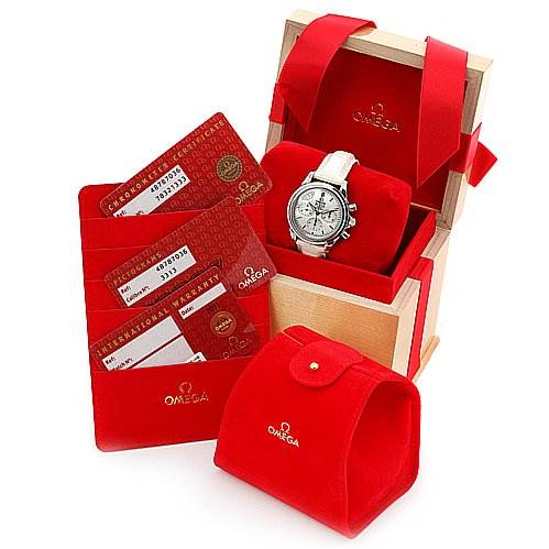 The image shows an Omega 48787036 OR 4878.   70.   36 Women
s Stainless Steel Mother of Pearl Dial 48787036 OR 4878.   70.   36 Women
s Stainless Steel Mother of Pearl Dial De Ville MOP Chrono Ladies 48787036 Watch with its packaging, warranty cards, and accessories from an angled, front-left perspective.