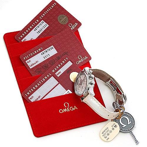 The image shows a side angle of the Omega 48787036 OR 4878.   70.   36 Women
s Stainless Steel Mother of Pearl Dial 48787036 OR 4878.   70.   36 Women
s Stainless Steel Mother of Pearl Dial De Ville MOP Chrono Ladies 48787036 watch, along with its warranty cards and tags.