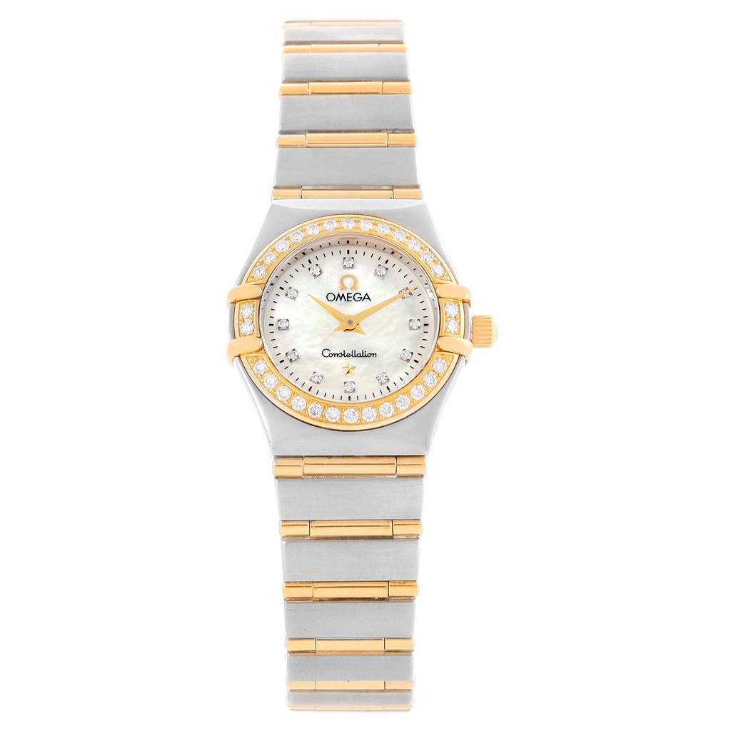 The image shows a front view of the Omega 1267.75.00 Women
s Steel and Gold (two tone) Mother of Pearl Dial 1267.75.00 Women
s Steel and Gold (two tone) Mother of Pearl Dial Constellation Mini Mother of Pearl Diamond Watch 1267.75.00 displaying its face and bracelet.