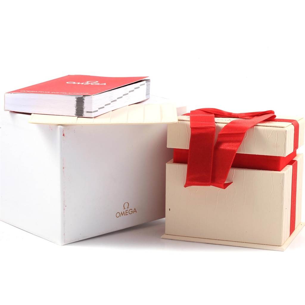 The image shows the packaging and manual for the Omega 1267.75.00 Women
s Steel and Gold (two tone) Mother of Pearl Dial 1267.75.00 Women
s Steel and Gold (two tone) Mother of Pearl Dial Constellation Mini Mother of Pearl Diamond Watch 1267.75.00.