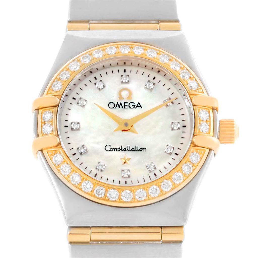 The image shows a frontal view of the Omega 1267.75.00 Women
s Steel and Gold (two tone) Mother of Pearl Dial 1267.75.00 Women
s Steel and Gold (two tone) Mother of Pearl Dial Constellation Mini Mother of Pearl Diamond Watch 1267.75.00, highlighting its face and bezel.