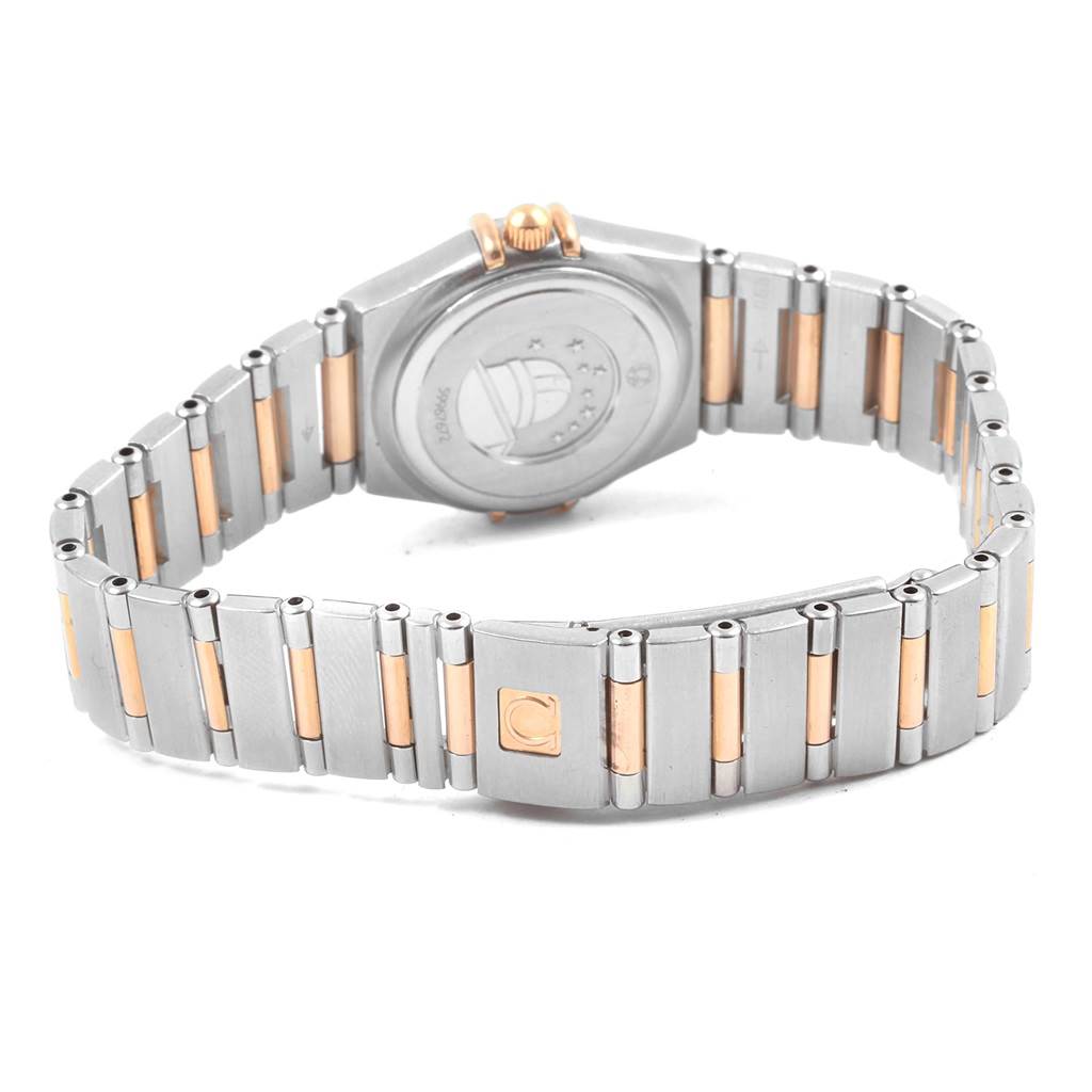 The image shows the back view of the Omega 1373.79.00 Women's Steel and Gold (two tone) Mother of Pearl Dial 1373.79.00 Women's Steel and Gold (two tone) Mother of Pearl Dial Constellation Iris My Choice Steel Rose Gold Ladies Watch 1373.79, focusing on its band and case back.