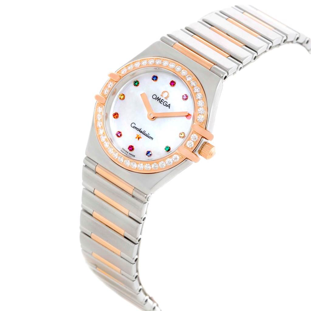The Omega 1373.79.00 Women's Steel and Gold (two tone) Mother of Pearl Dial 1373.79.00 Women's Steel and Gold (two tone) Mother of Pearl Dial Constellation Iris My Choice Steel Rose Gold Ladies Watch 1373.79 model is shown at a slight angle, highlighting the dial, bezel, and bracelet.