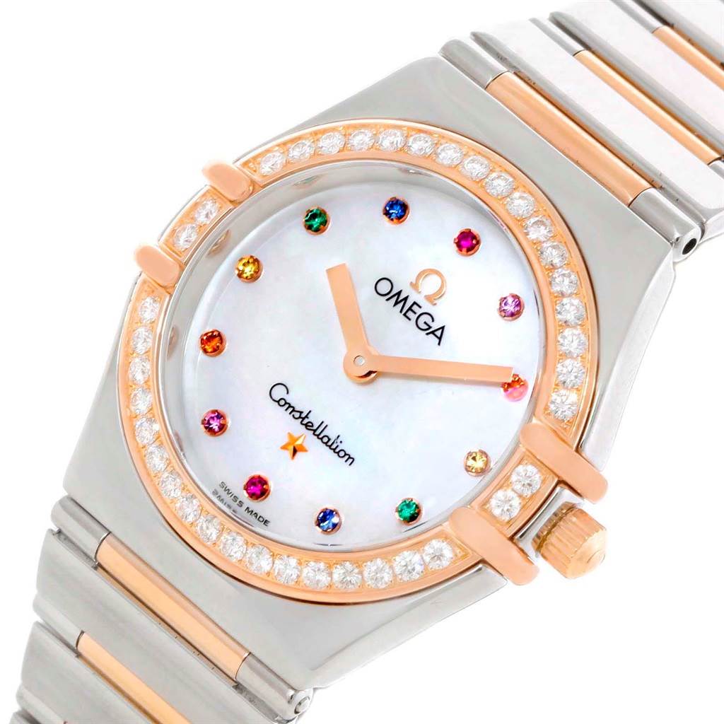 The Omega 1373.79.00 Women's Steel and Gold (two tone) Mother of Pearl Dial 1373.79.00 Women's Steel and Gold (two tone) Mother of Pearl Dial Constellation Iris My Choice Steel Rose Gold Ladies Watch 1373.79 is shown from an angled top view highlighting its bezel, dial, and band.