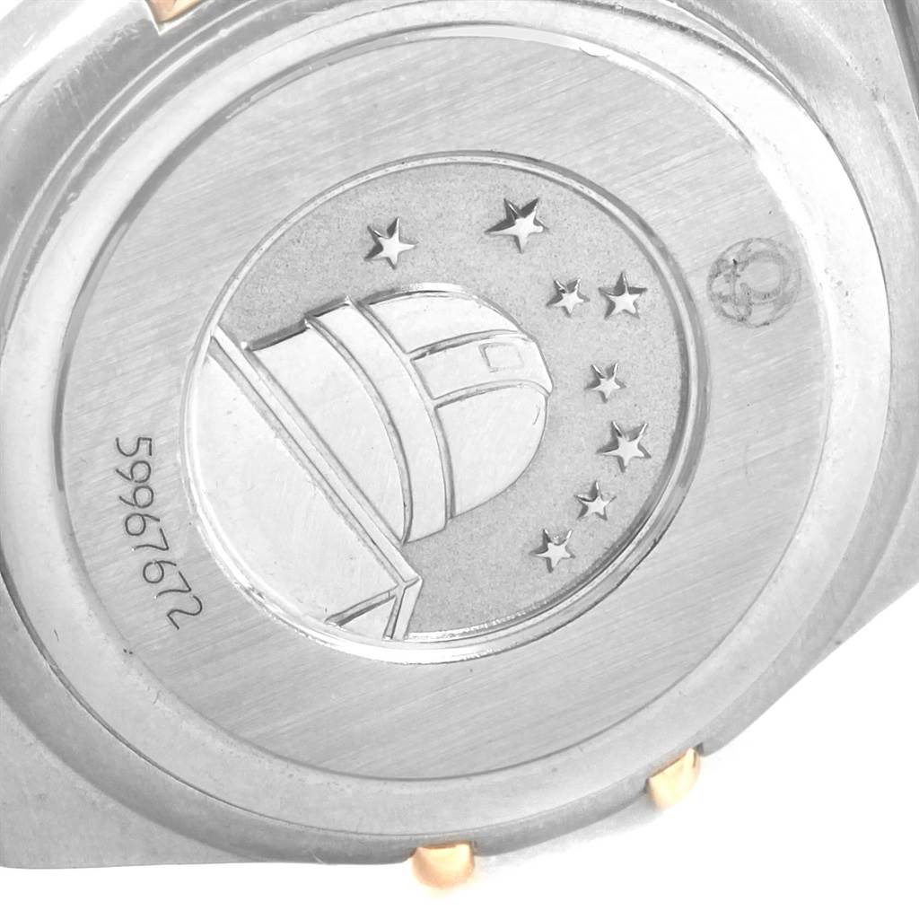 This image shows the back case of the Omega 1373.79.00 Women's Steel and Gold (two tone) Mother of Pearl Dial 1373.79.00 Women's Steel and Gold (two tone) Mother of Pearl Dial Constellation Iris My Choice Steel Rose Gold Ladies Watch 1373.79 model, featuring an observatory engraving and a watch serial number.