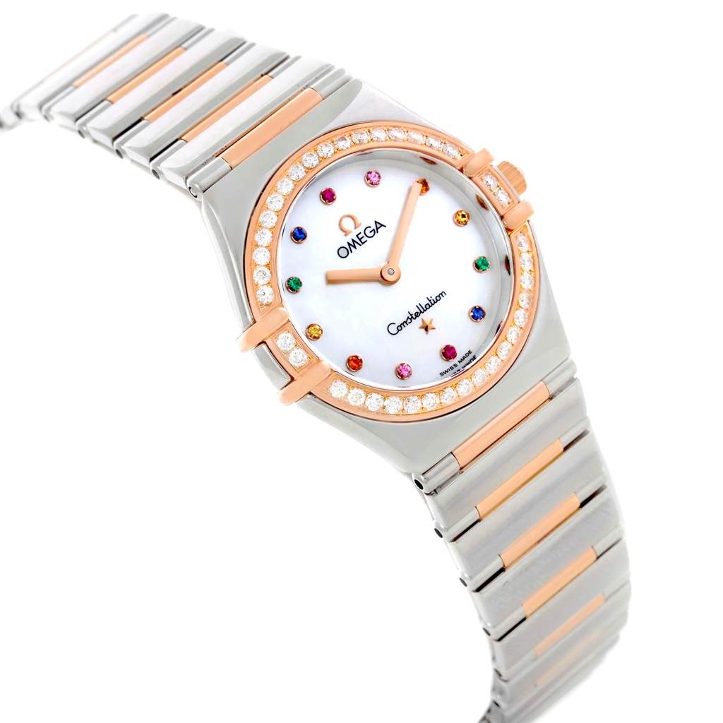 The image shows an angled view of the Omega 1373.79.00 Women's Steel and Gold (two tone) Mother of Pearl Dial 1373.79.00 Women's Steel and Gold (two tone) Mother of Pearl Dial Constellation Iris My Choice Steel Rose Gold Ladies Watch 1373.79, highlighting the dial and bracelet.