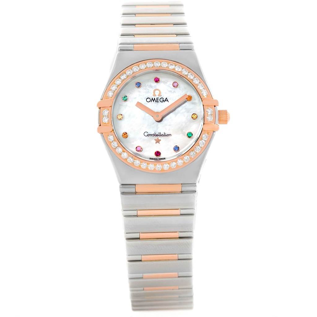 The image shows a front view of the Omega 1373.79.00 Women's Steel and Gold (two tone) Mother of Pearl Dial 1373.79.00 Women's Steel and Gold (two tone) Mother of Pearl Dial Constellation Iris My Choice Steel Rose Gold Ladies Watch 1373.79, highlighting its dial, rose gold accents, and bracelet.